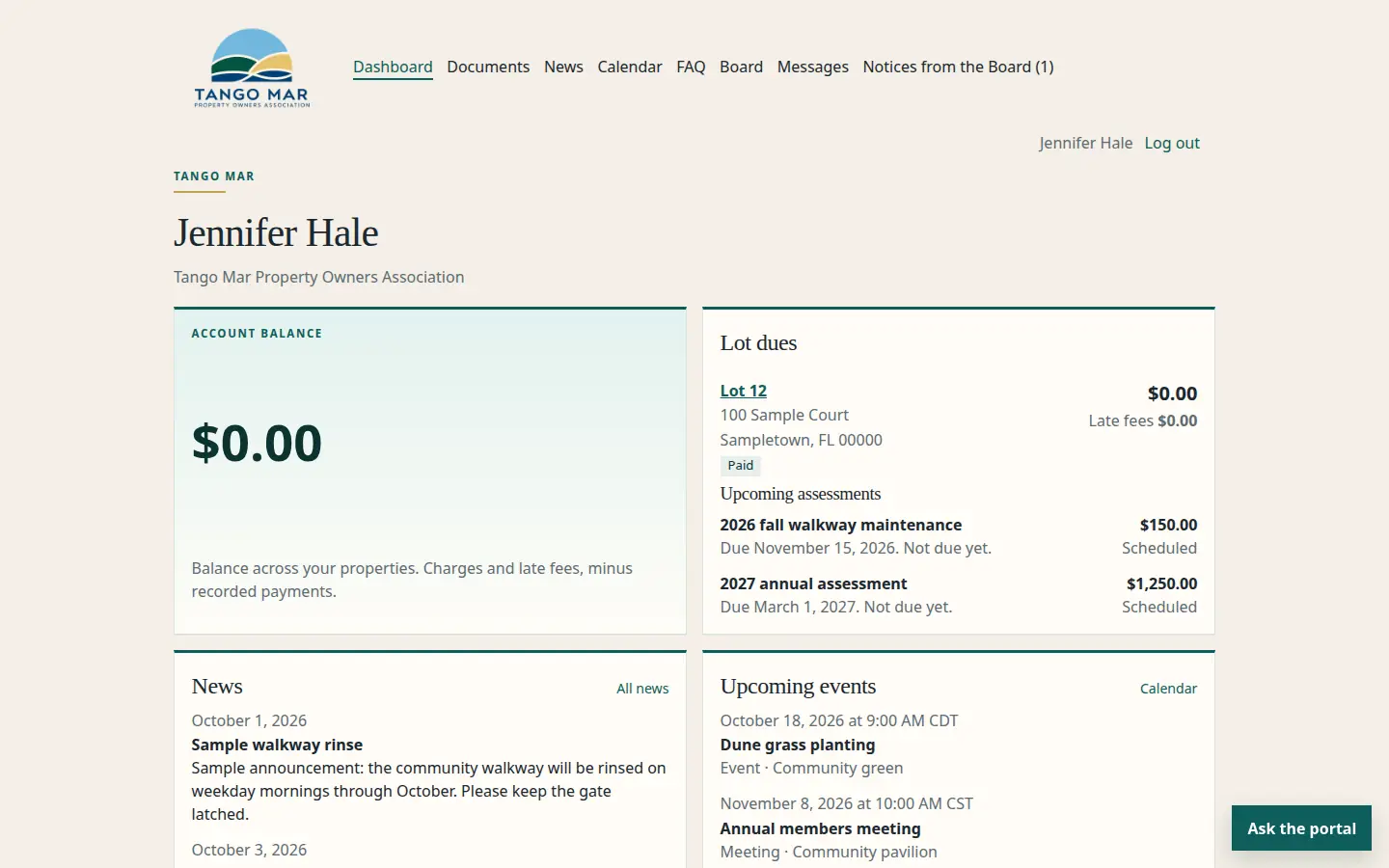 Sample homeowner dashboard on a desktop screen, signed in as Jennifer Hale, a fictional owner