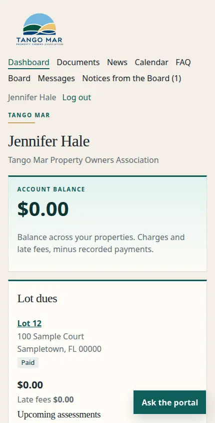 Sample homeowner dashboard at phone width, signed in as Jennifer Hale, a fictional owner